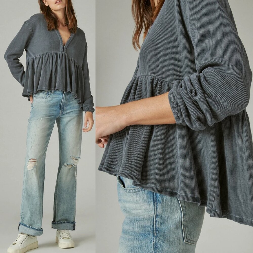 Lucky Brand Waffle Knit Peplum Top L Ebony Grey 100% Cotton Oversized Babydoll - Picture 3 of 16